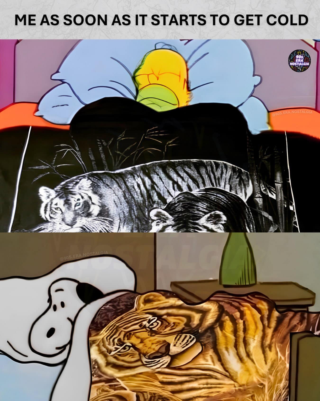 Two-panel edit of Homer Simpson and Snoopy buried comfortably under heavy faux-fur tiger blankets, captioned about cold weather in a meme dump.