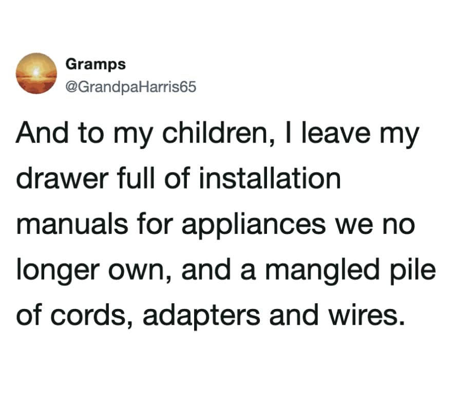 Text tweet from Grandpa Harris describing inheriting a junk drawer full of old appliance manuals and tangled power cords in a meme dump.