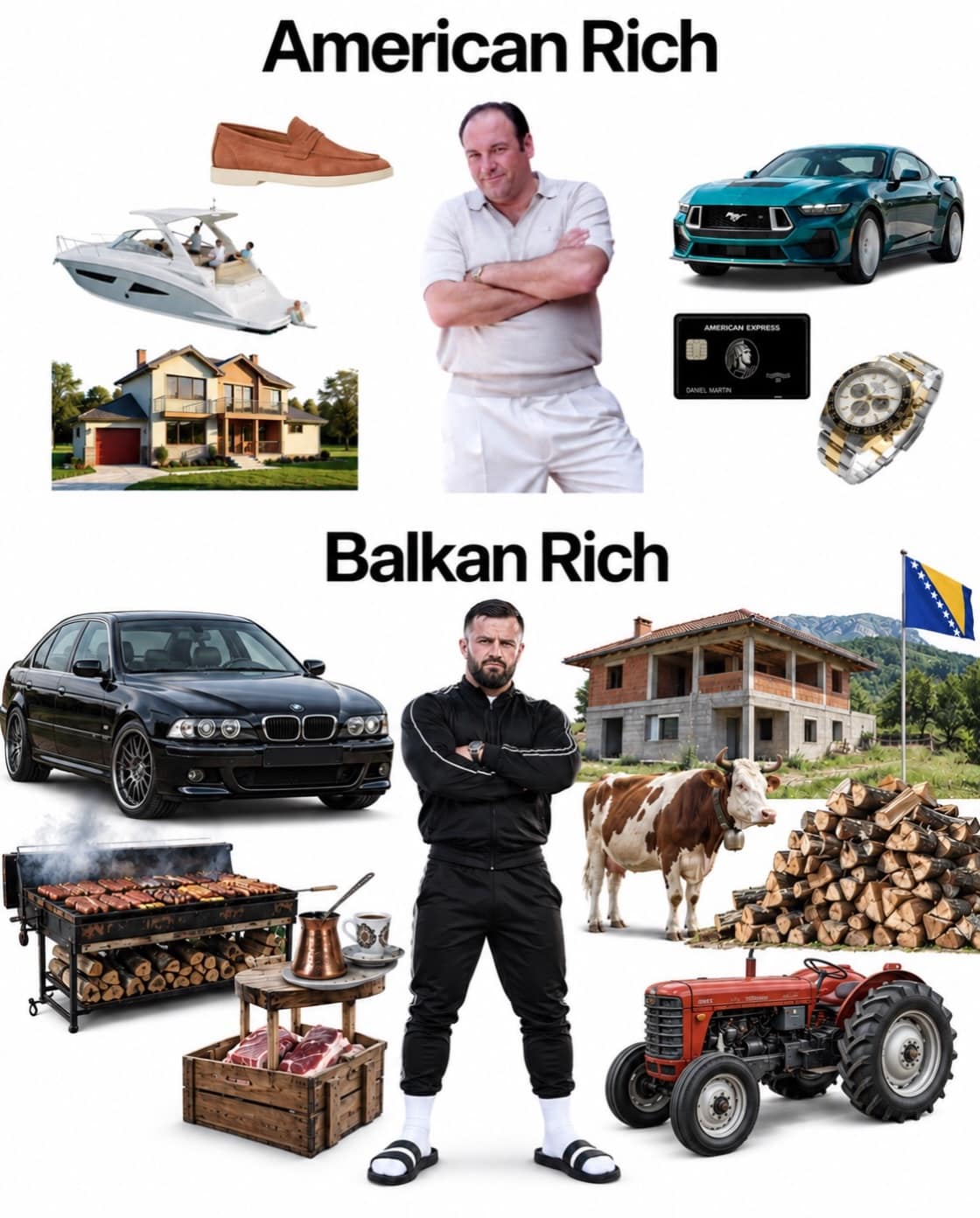 Starter pack graphic comparing Tony Soprano's American luxury aesthetics against Balkan flex culture with tractors and meat grills in a meme dump.