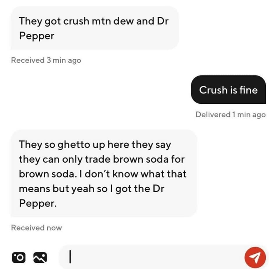 Text message exchange explaining a fast-food policy where brown soda can only be traded for brown soda in a meme dump.