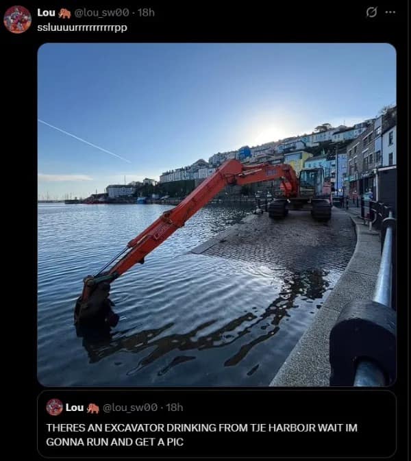 Long-reach construction excavator dipped into harbor water, humorously framed as a giant mechanical beast taking a sip in a funny meme.