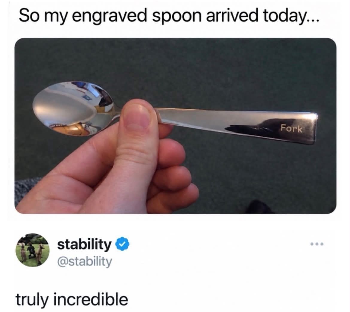 Engraved stainless steel spoon with the word 'Fork' stamped onto the handle, highlighted in a funny memes post.