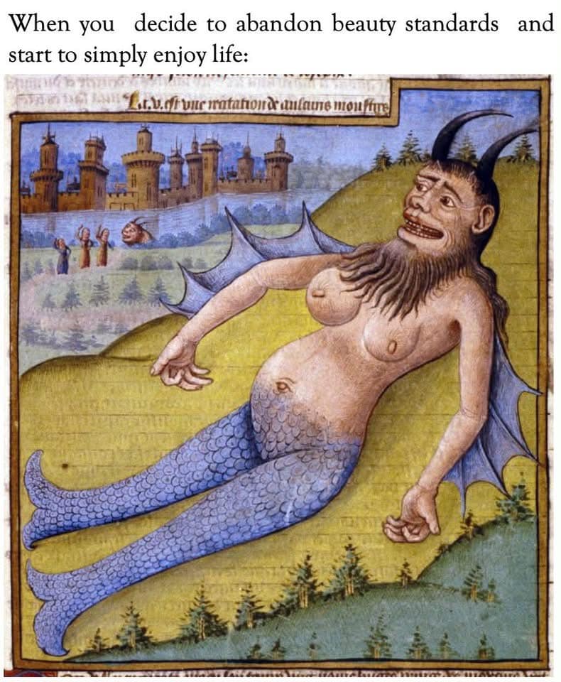 Medieval illumination art of a horned fish-monster hybrid relaxing on a grassy hill in a funny memes upload.