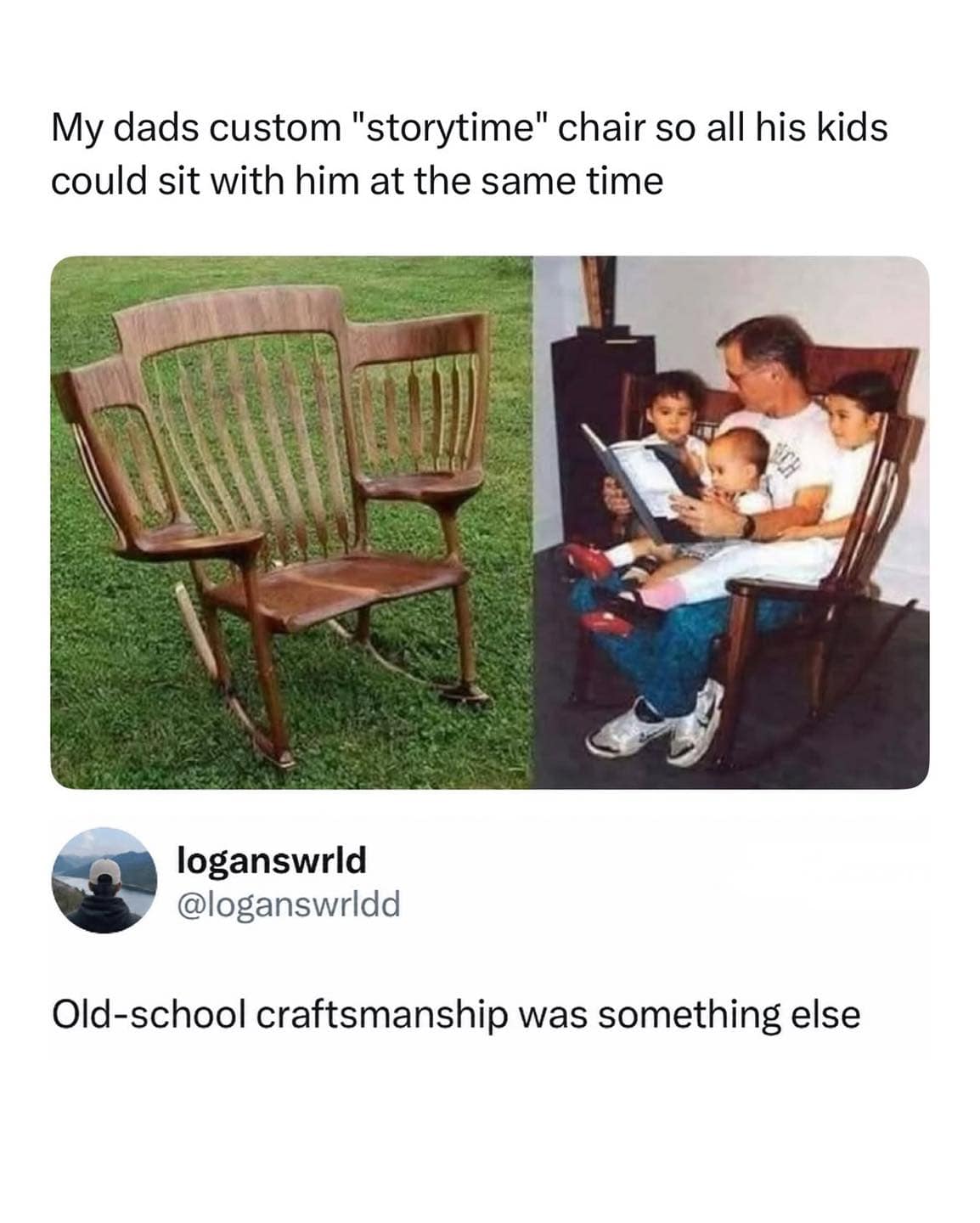 Photo of a custom handcrafted wooden rocking chair built with side perches for reading to three kids at once in a hilarious meme.