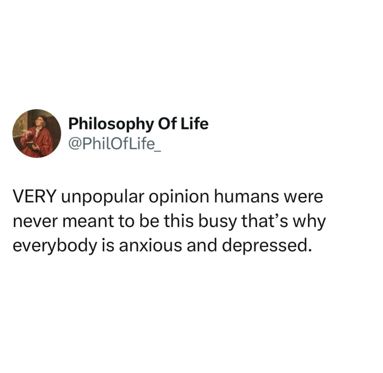A meme dump text tweet proposing that human depression and anxiety stem from living at an unnaturally busy modern pace.