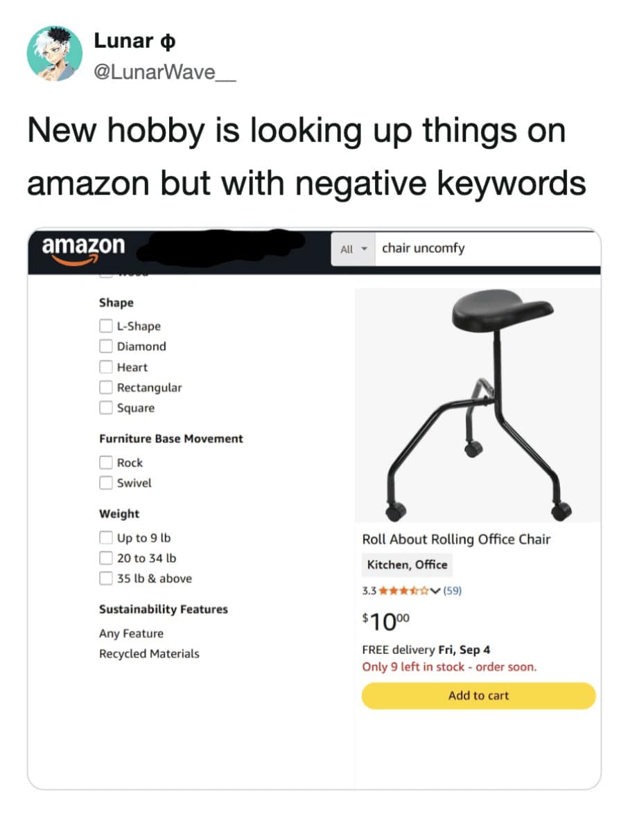 Amazon search results for the negative keyword "chair uncomfy" showing a bizarre $10 three-legged rolling stool, featured in a meme dump.