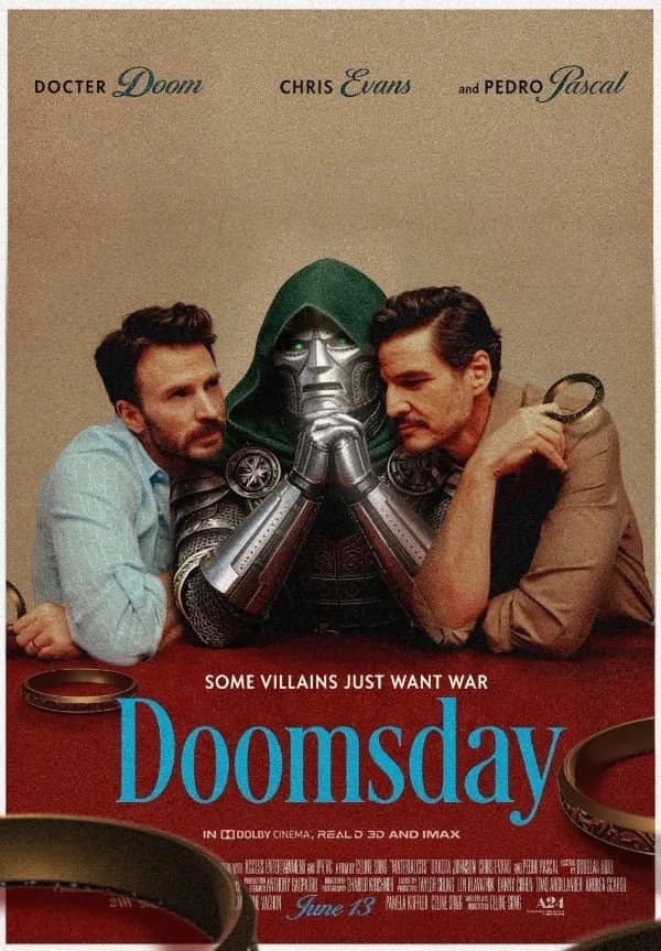 Parody A24 movie poster titled 'Doomsday' featuring Doctor Doom sitting solemnly in the center flanked intimately by Chris Evans and Pedro Pascal resting their heads on him, featured in a meme dump.