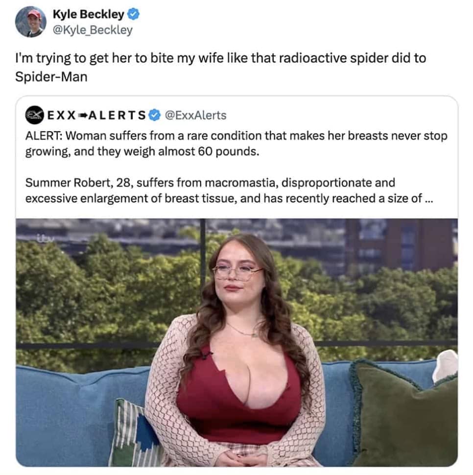 Quote tweet reacting to news about a woman with 60-pound breasts by wishing she would bite his wife like the radioactive spider in Spider-Man in a meme dump.