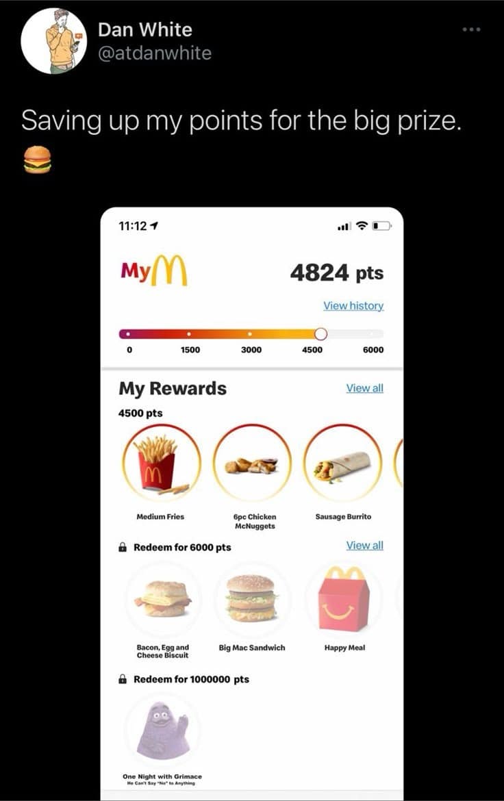 McDonald's mobile app rewards screen offering 'One Night with Grimace' for 1,000,000 points in a meme dump.