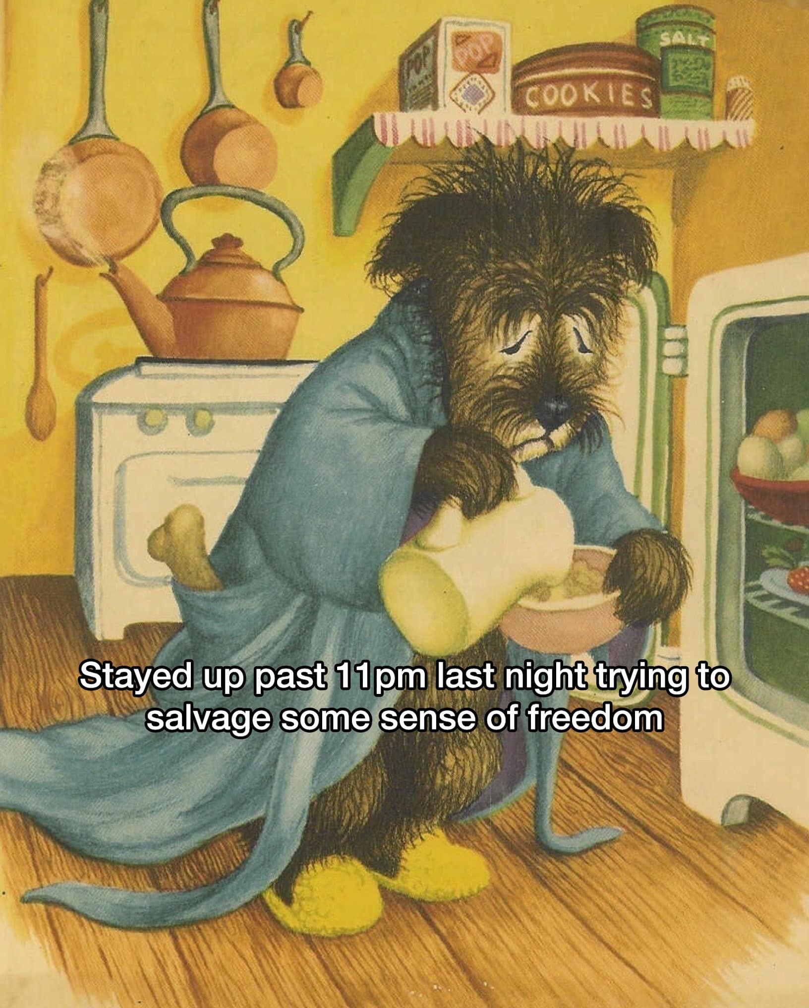 Tired shaggy dog character in a bathrobe pouring late-night cereal in a relatable meme dump.