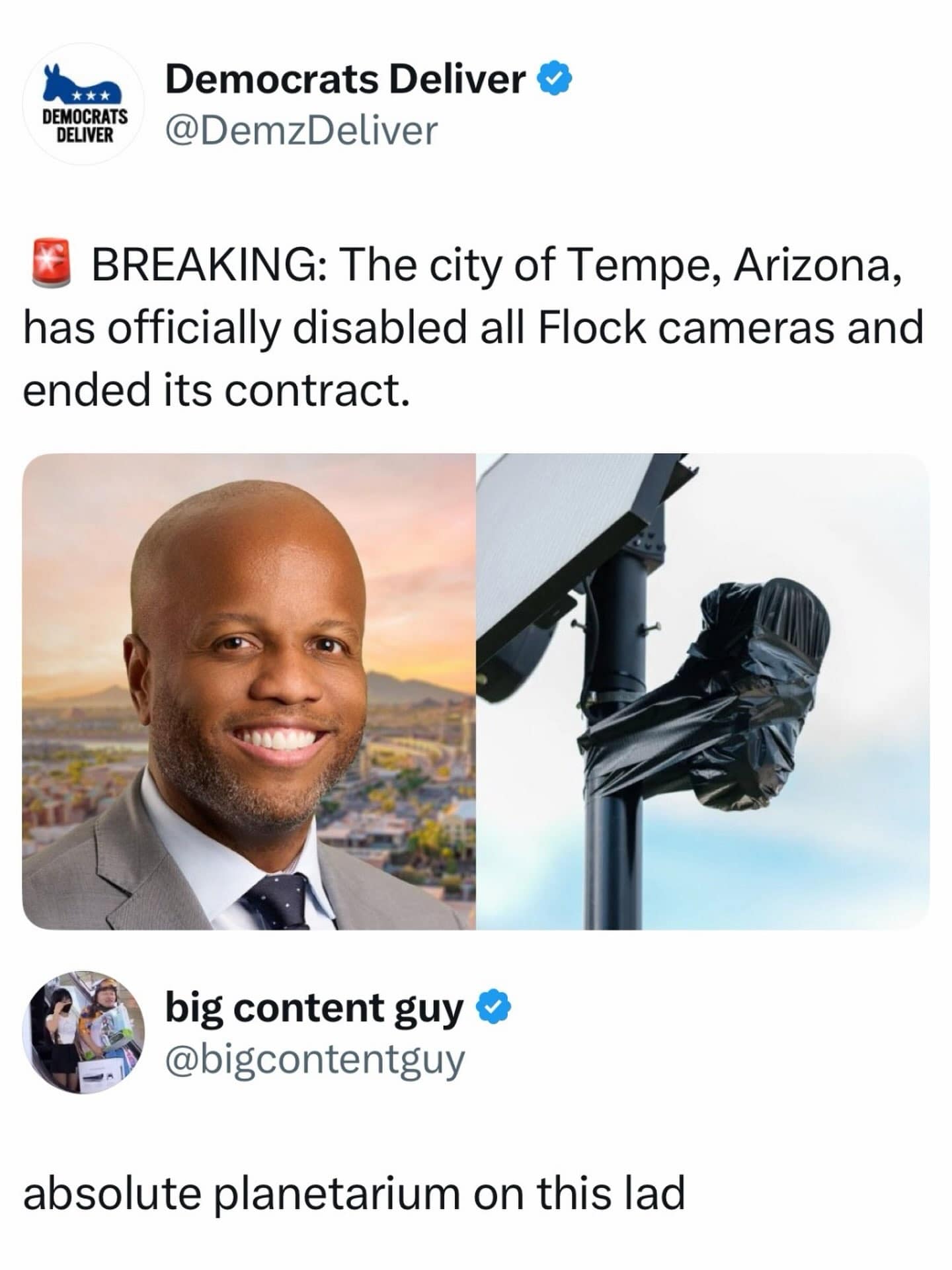 News report on Tempe disabling Flock surveillance cameras paired with a comment roasting a local official's bald head as an absolute planetarium in a meme dump.