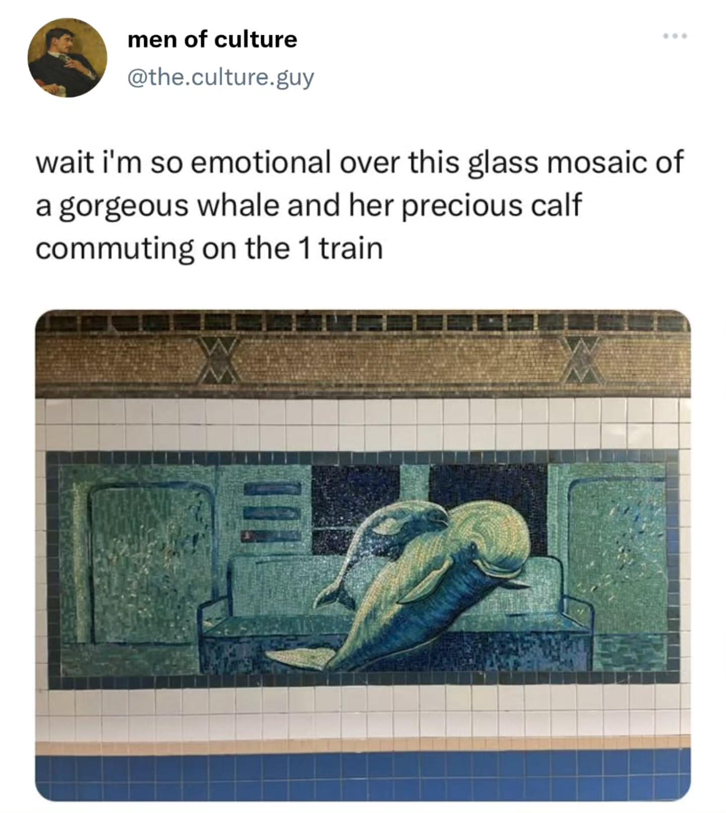 A meme dump tweet highlighting an NYC subway mosaic featuring a mother whale and her calf riding on a train bench seat.