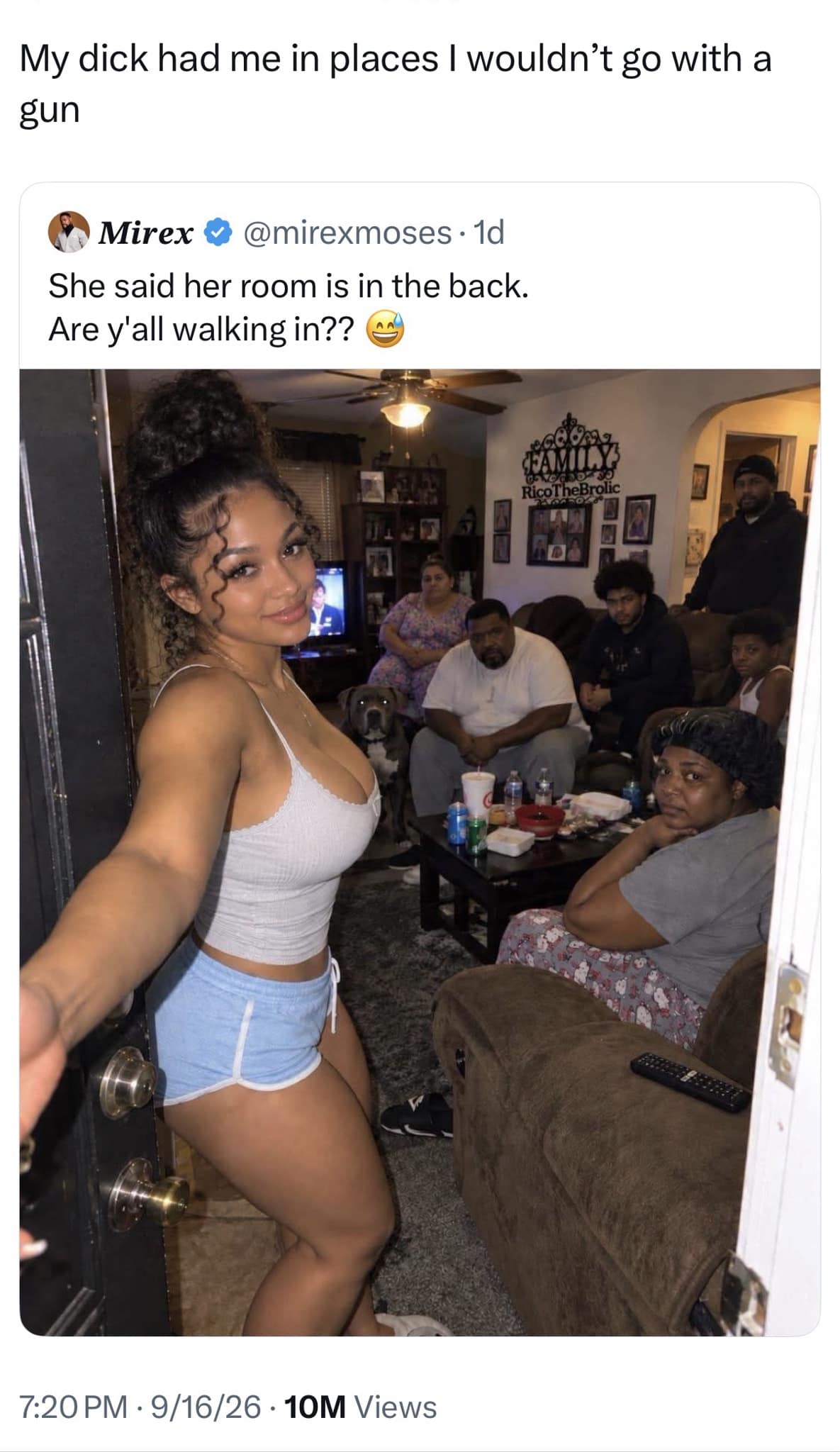 Social media post screenshot showing a woman opening her front door while her whole intimidating family sits in the living room staring in a meme dump.
