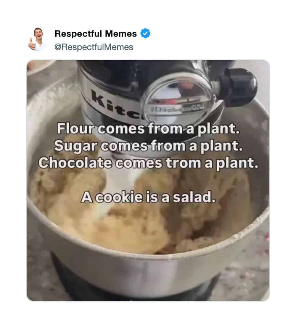 KitchenAid stand mixer blending cookie dough with text arguing cookies are technically salad because all ingredients derive from plants, shared in a meme dump.