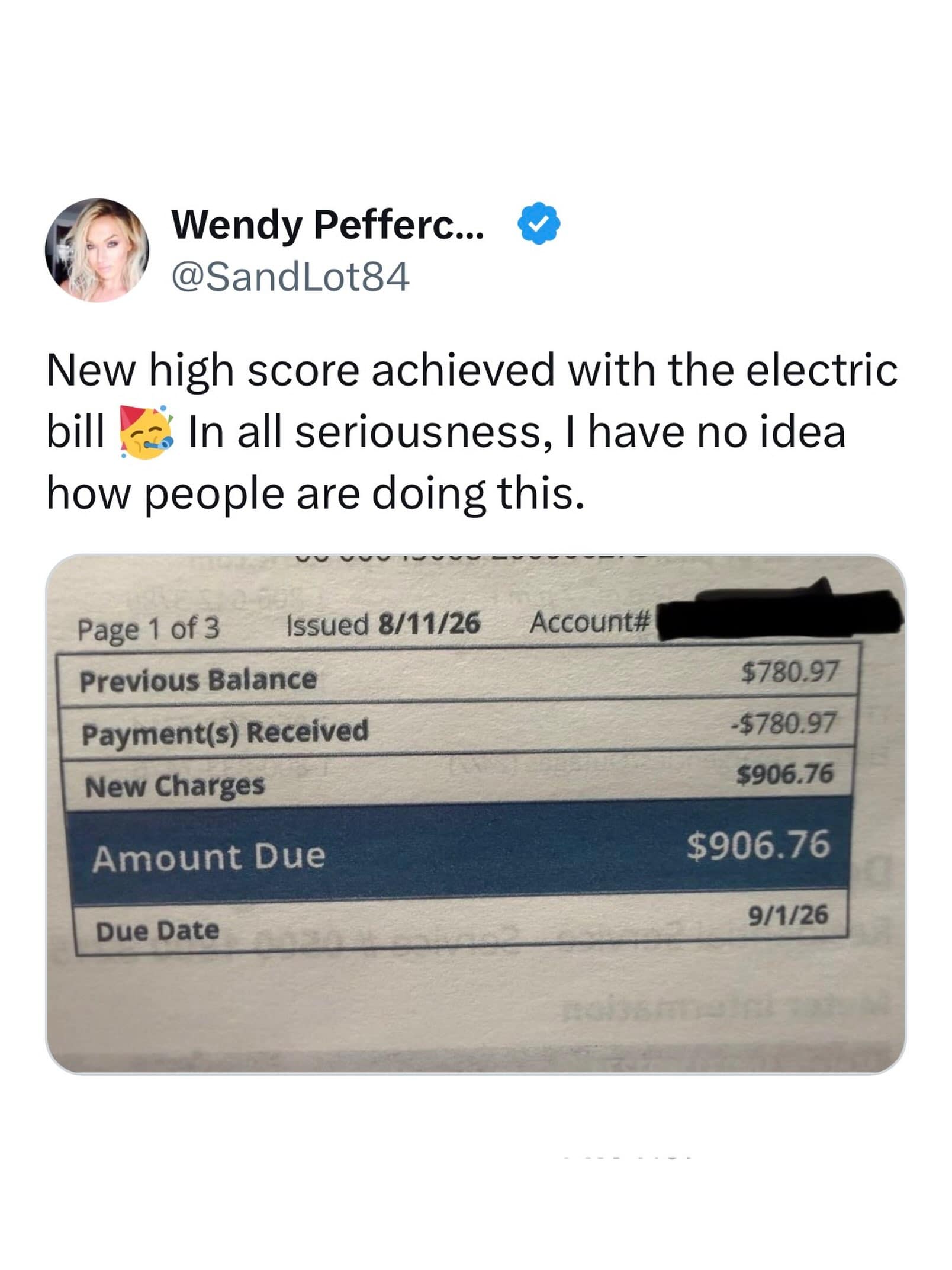 A meme dump post showcasing an astronomically high electric bill of over $900 captioned as setting a new personal high score.