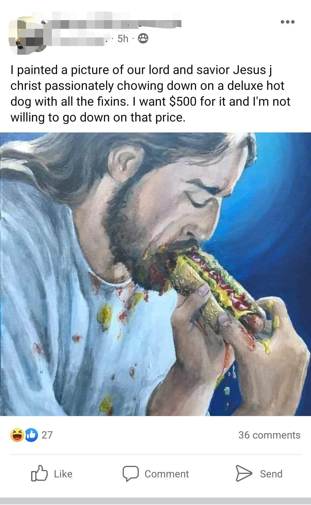 Facebook Marketplace post selling a $500 oil painting of Jesus frantically eating a fully loaded hot dog in a meme dump.