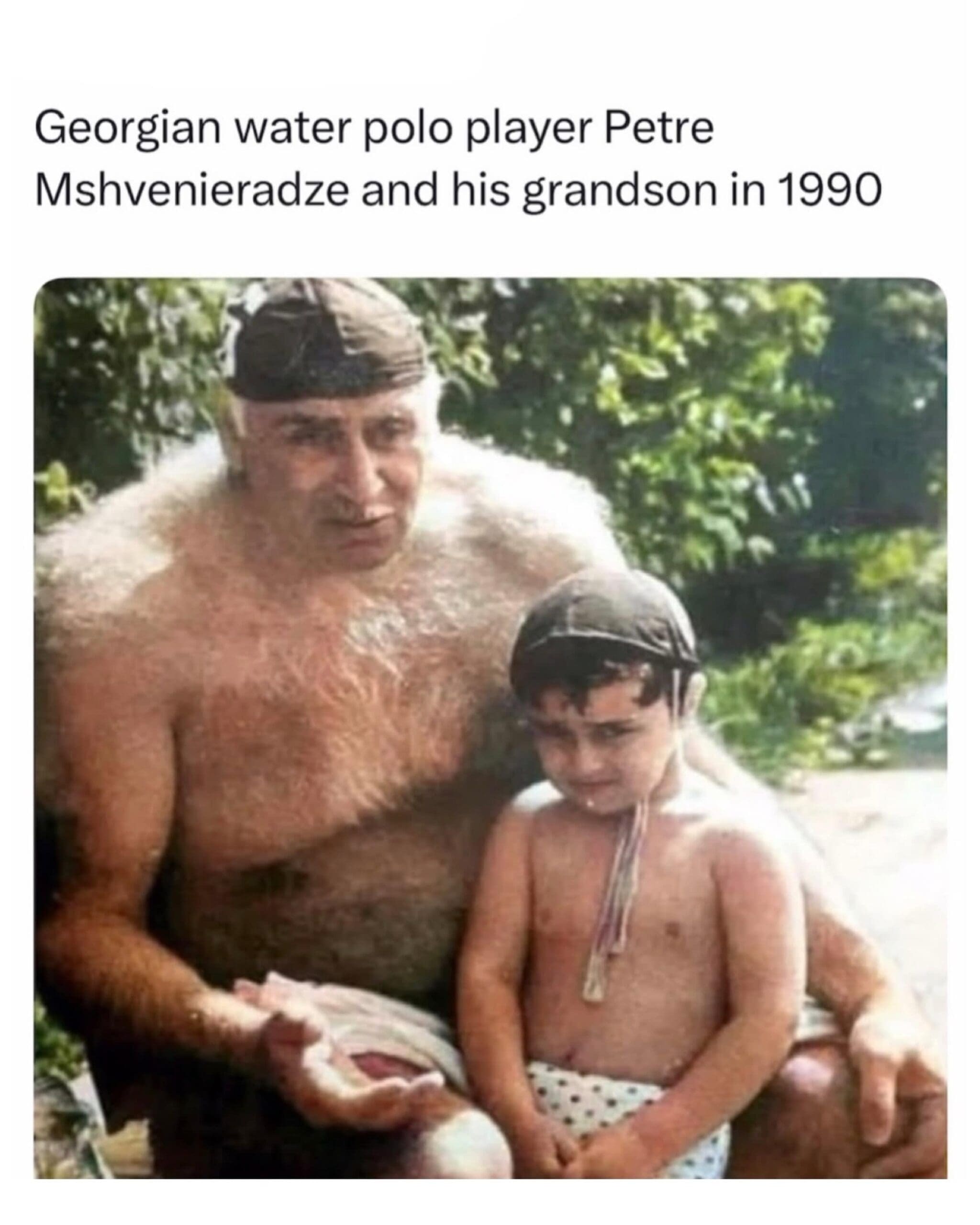 Vintage 1990 photo of Georgian water polo player Petre Mshvenieradze covered in thick fur-like body hair beside his grandson in a meme dump