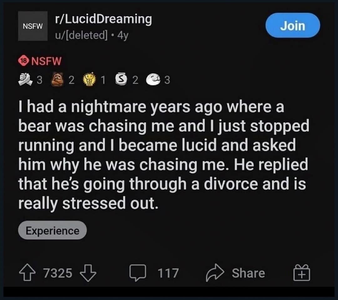 Reddit post recounting a surreal lucid nightmare where a chasing bear admitted he was just stressed about an ongoing divorce as a funny meme.