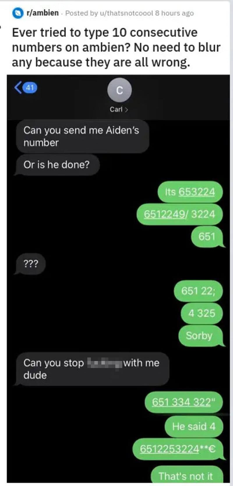 Text thread showing someone completely failing to type a ten-digit phone number due to sleep medication in a hilarious memes post.