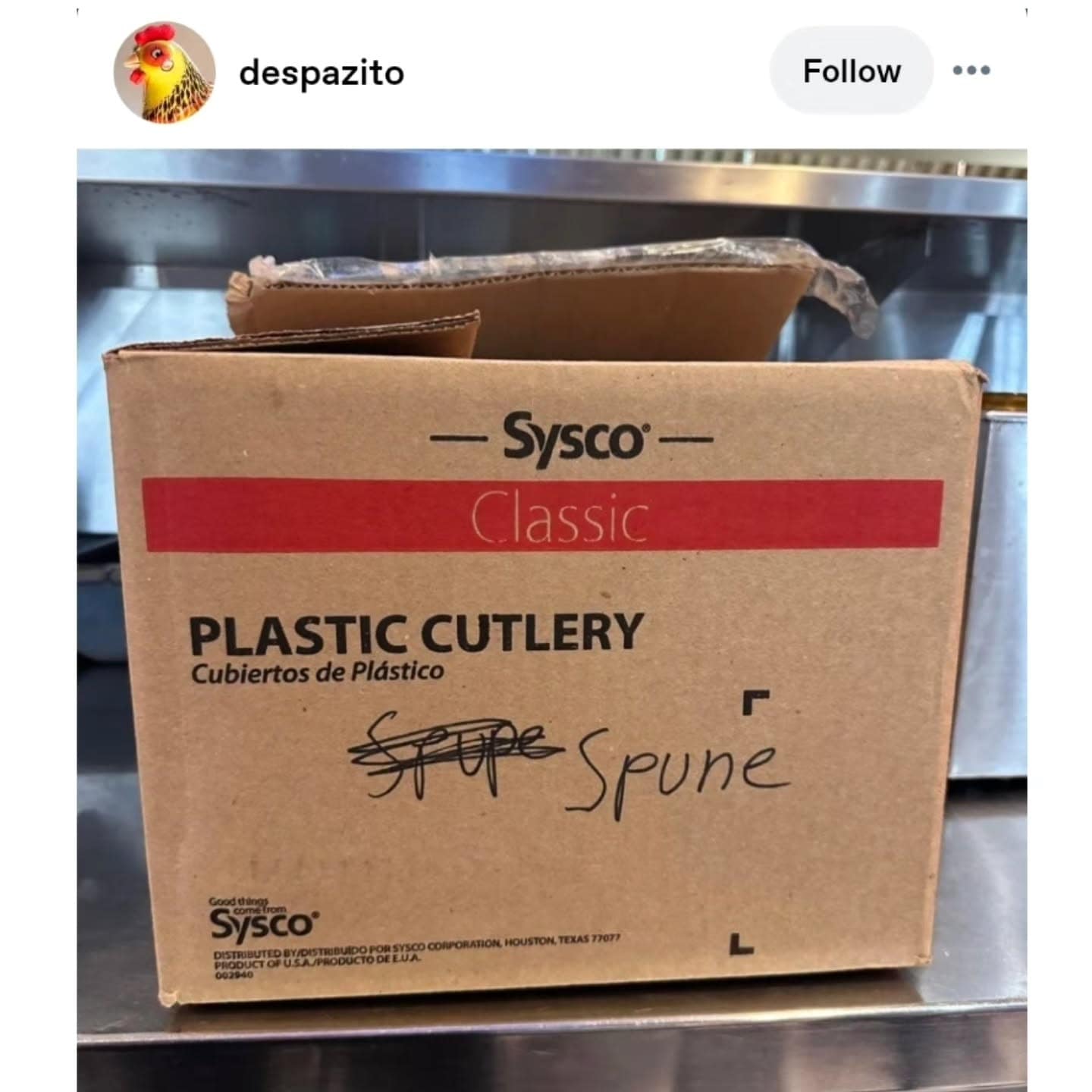 Cardboard box of restaurant plastic cutlery with the word 'spoons' terribly misspelled as 'Spune' in a meme dump.