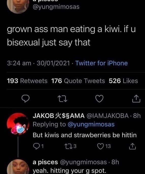 Social media thread claiming men eating fruit is secret code for being bisexual in a hilarious meme.