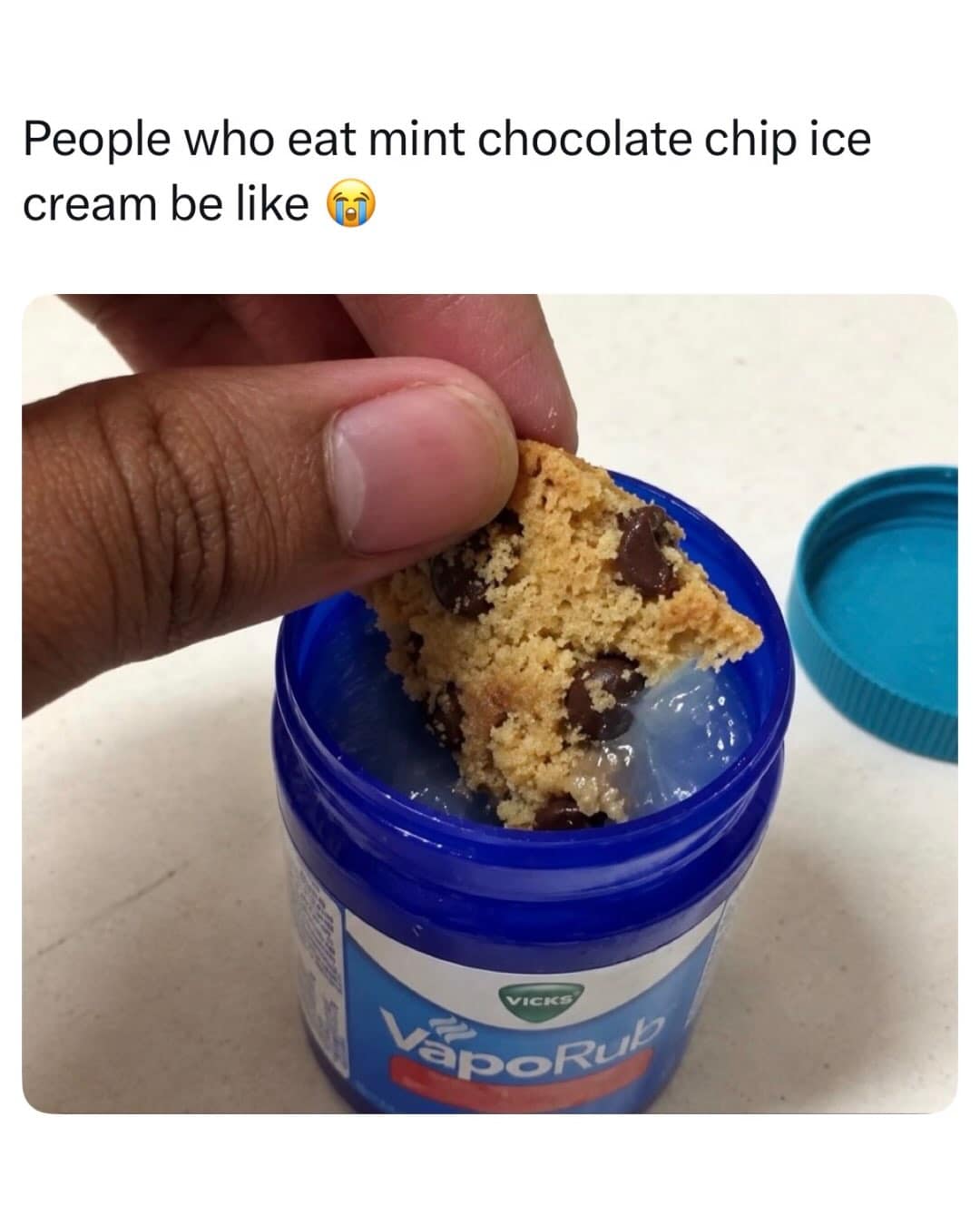 Person dipping a chocolate chip cookie directly into a tub of Vicks VapoRub to roast mint chocolate chip ice cream in a meme dump.
