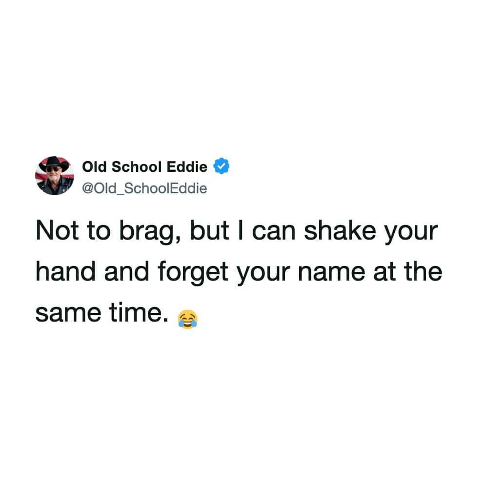 Self-deprecating tweet about forgetting someone's name while actively shaking their hand in a funny memes post.