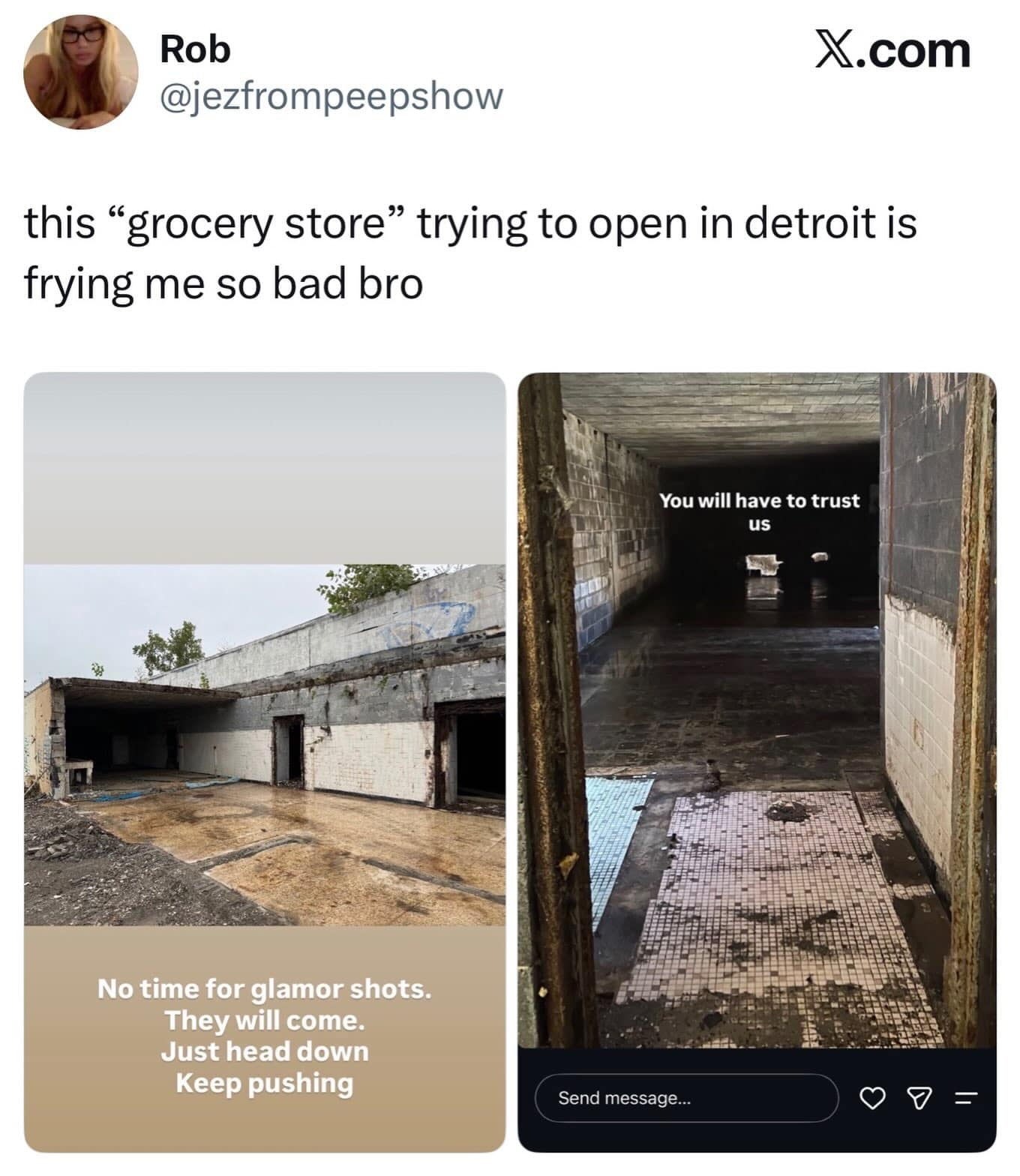 Screenshot mocking a sketchy, abandoned-looking Detroit building claiming to be an upcoming grocery store in a meme dump.