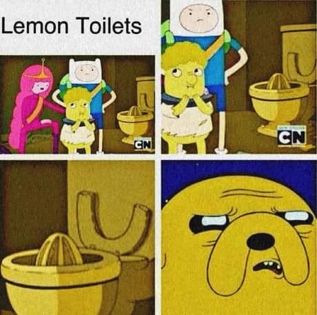Adventure Time cartoon panels showing a lemon juicer built directly into a toilet bowl horrifying Jake the Dog in a funny meme.