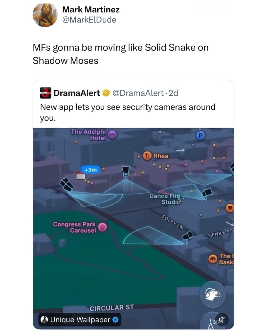 Map interface showing live security camera vision cones, compared to stealth video game movement in a meme dump.