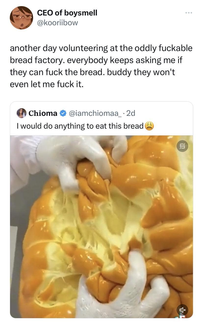 Viral tweet joke about volunteering at a soft bread factory in a meme dump.