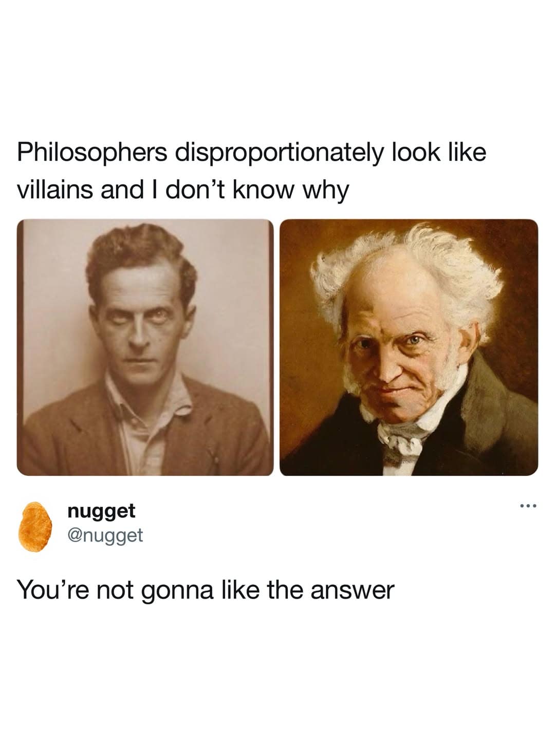 A meme dump screenshot comparing photos of intense historical philosophers to movie villains with a dark punchline.