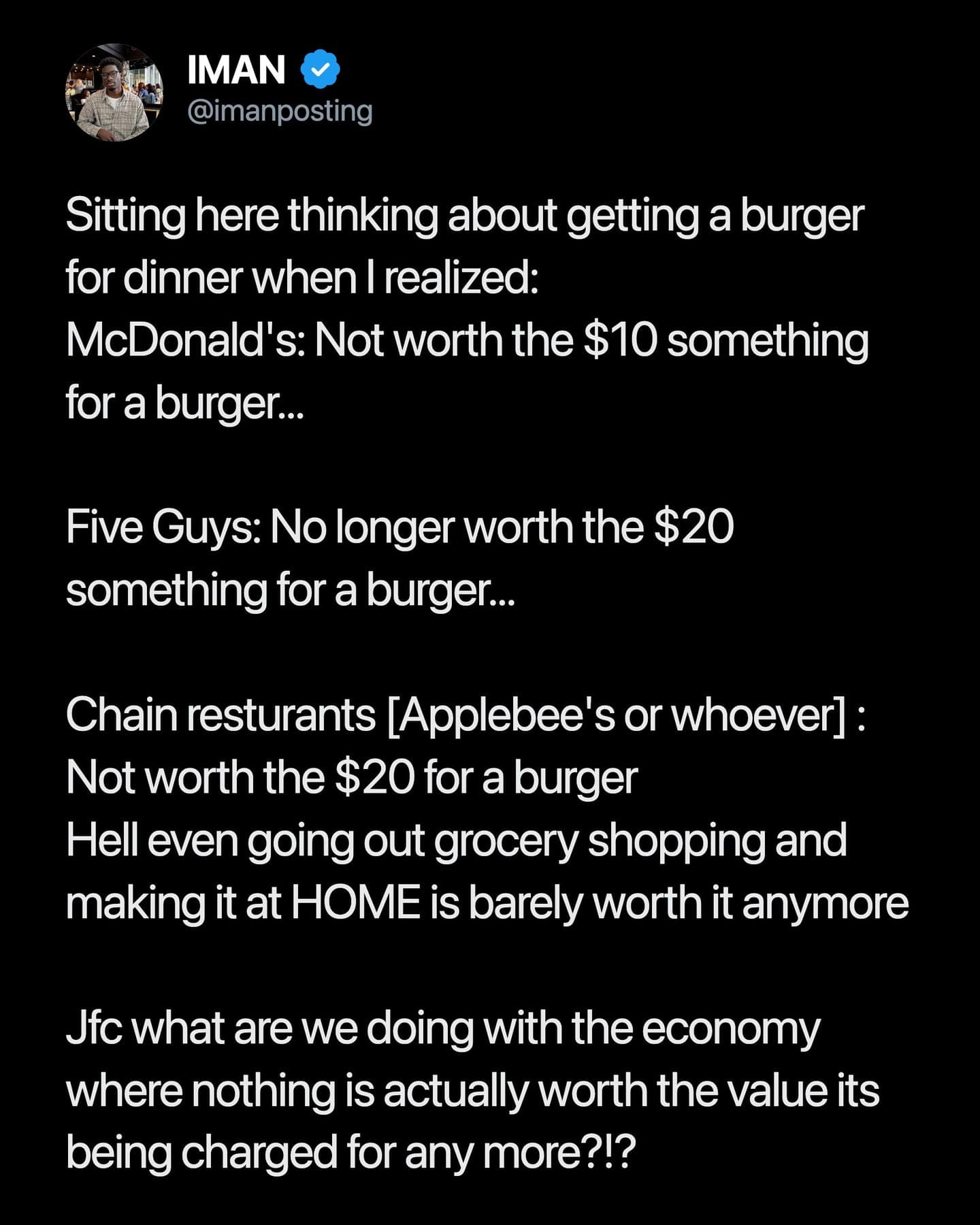 Text post ranting about skyrocketing fast food burger inflation at McDonald's and Five Guys in a hilarious meme.