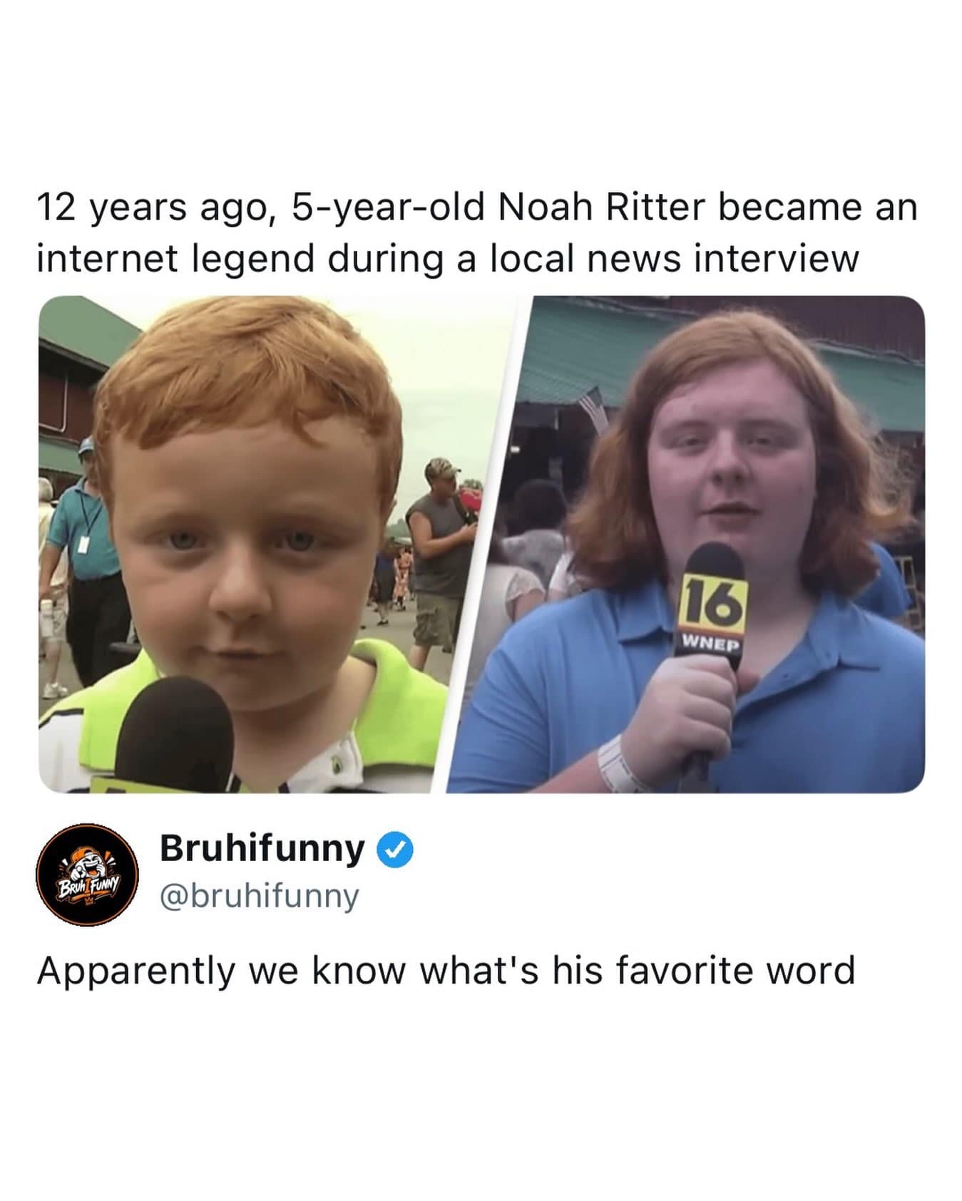 A meme dump social post comparing viral 'Apparently' interview kid Noah Ritter as a child versus a grown reporter.