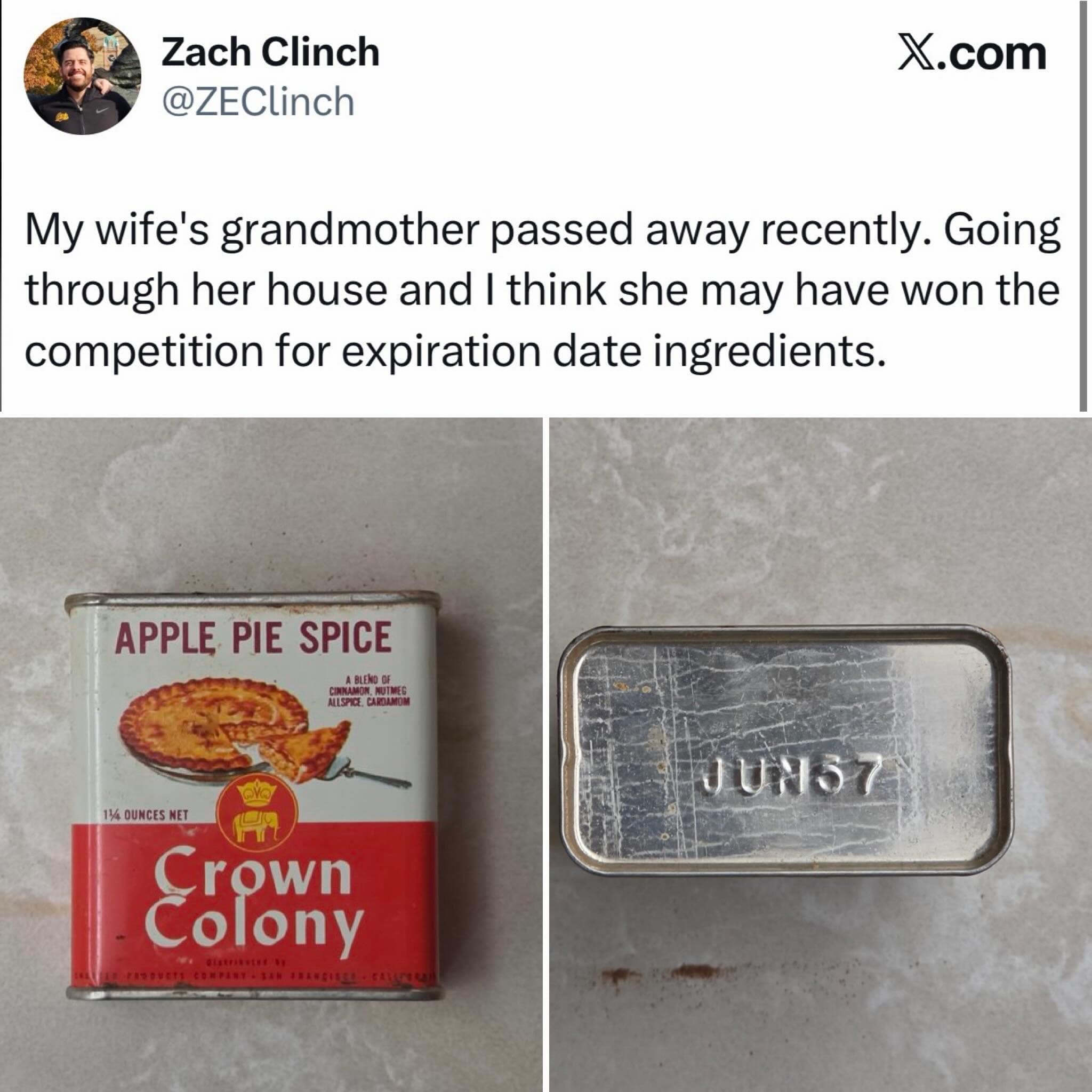 Photo of a vintage Crown Colony Apple Pie Spice tin stamped with an expiration date of June 1937 found in a grandmother's pantry.