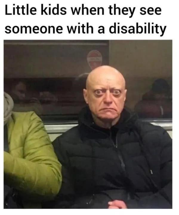 Transit passenger with wide, bulging eyes illustrating how little kids stare at strangers in public in a meme dump.