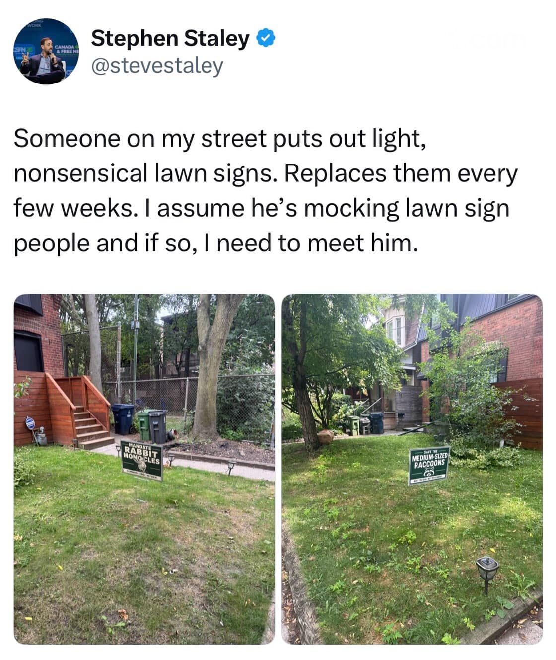 A meme dump tweet highlighting absurd custom suburban lawn signs demanding rabbit monocles and saving medium-sized raccoons.