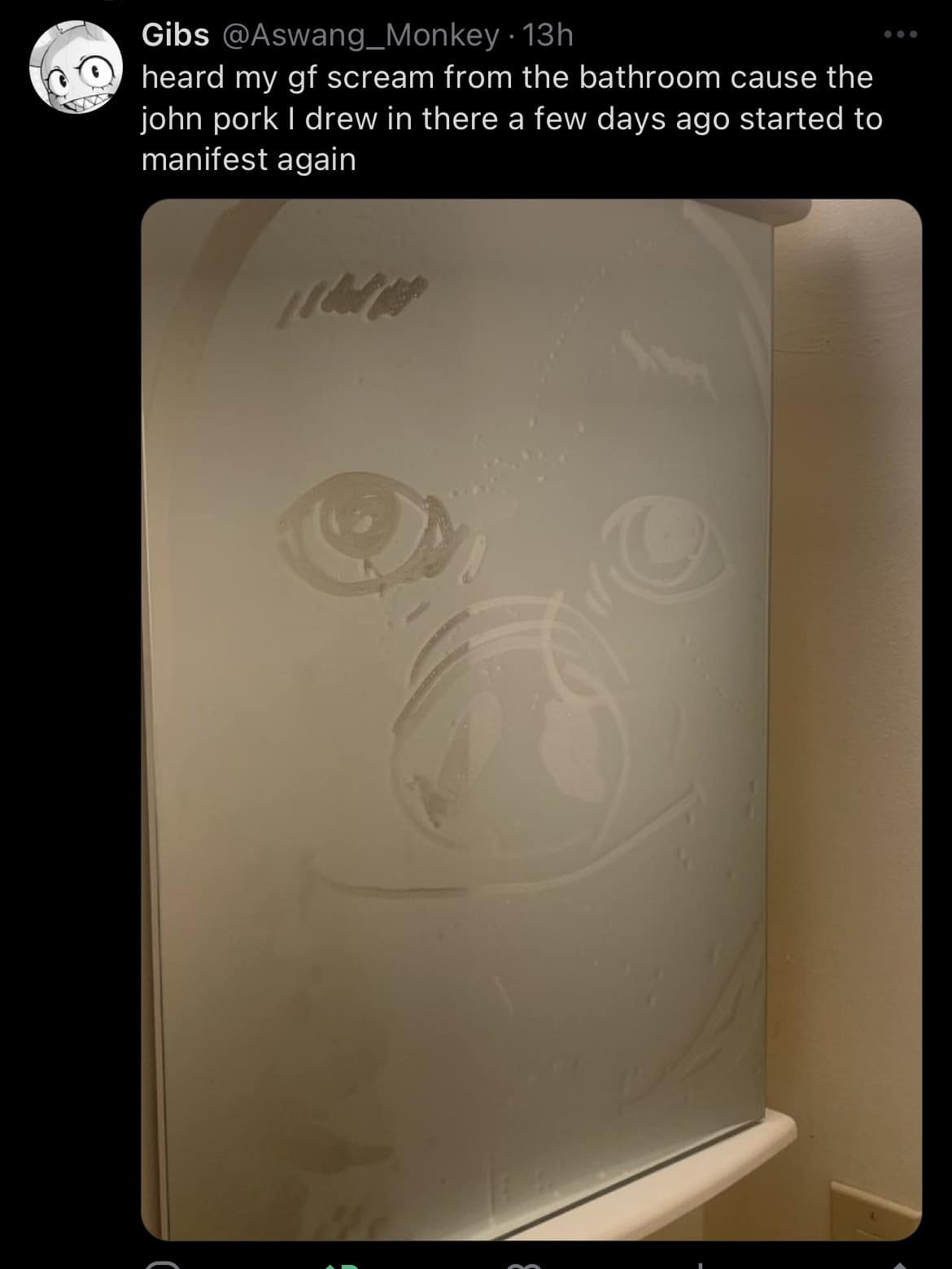 Steam-fogged bathroom mirror revealing a previously drawn face of viral character John Pork reappearing in a meme dump.
