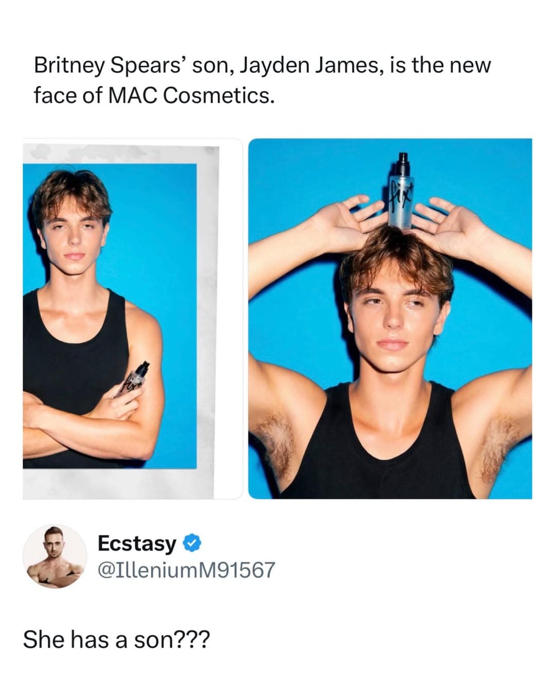MAC Cosmetics campaign featuring Britney Spears' son Jayden James paired with a bewildered social media user realizing she has children.
