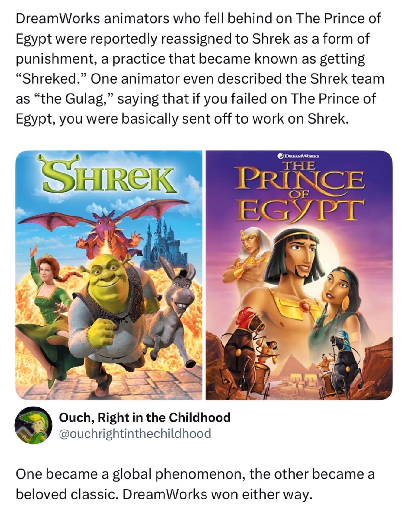 Social media post detailing how underperforming DreamWorks animators were punished by being transferred to work on Shrek, highlighted in a funny meme.