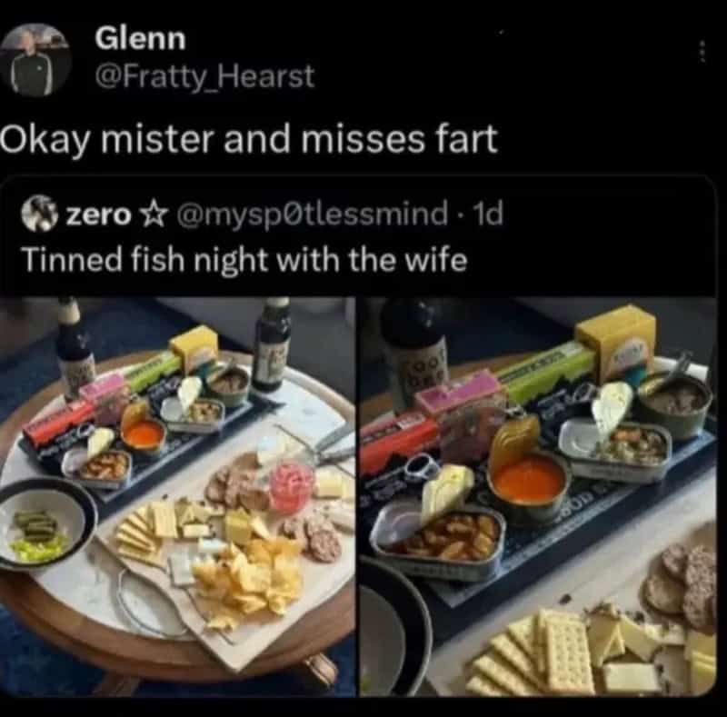 Twitter quote tweet delivering a childish roast to a couple boasting about fancy tinned fish charcuterie night in a meme dump.