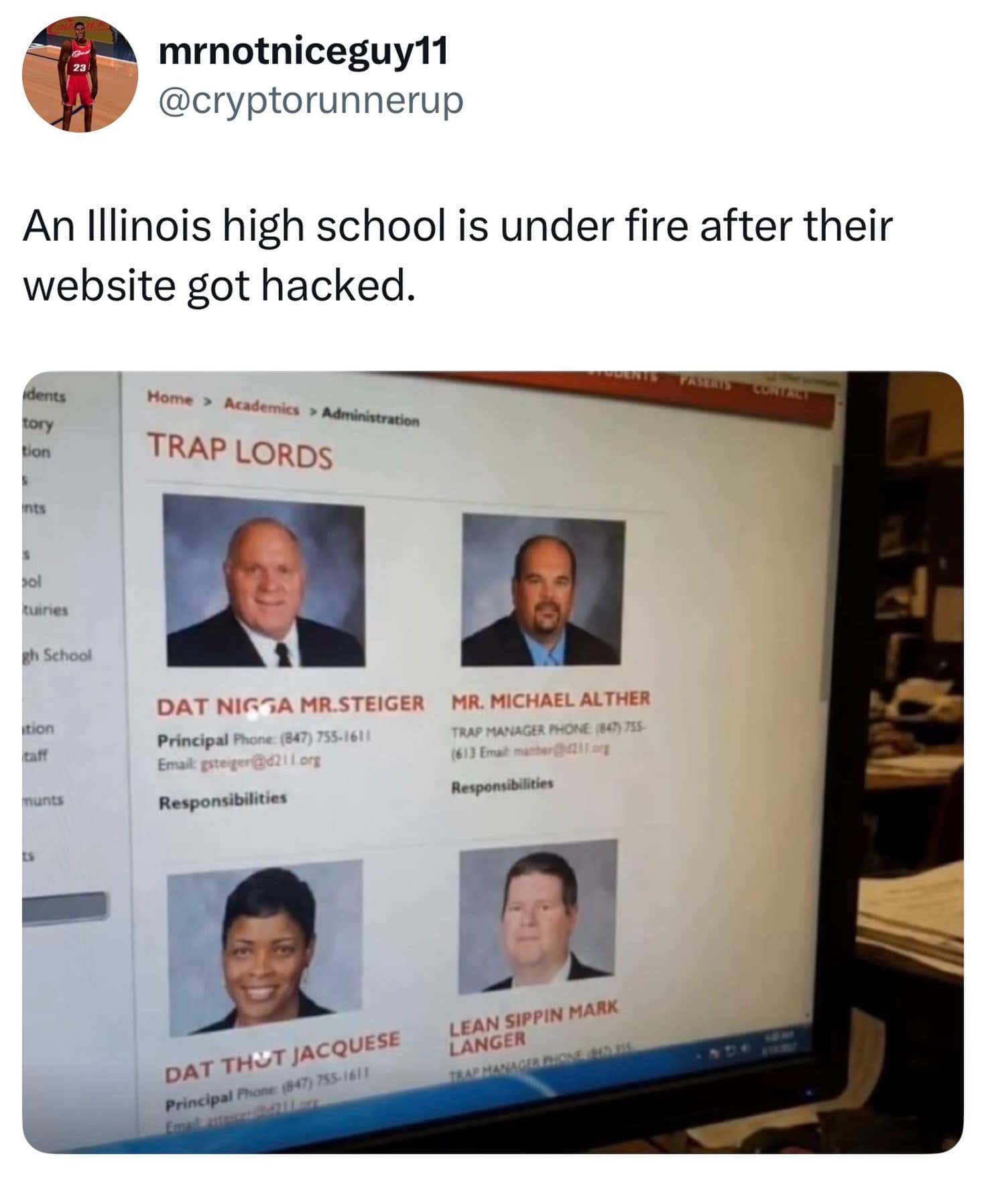 Photo of a high school staff directory website hacked with hilarious rap-inspired 'Trap Lords' admin titles in a meme dump.