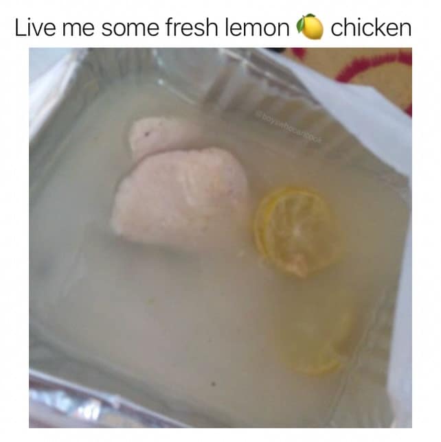 Unappetizing takeout foil tray of plain pale boiled chicken breasts floating in lemon water in a meme dump.