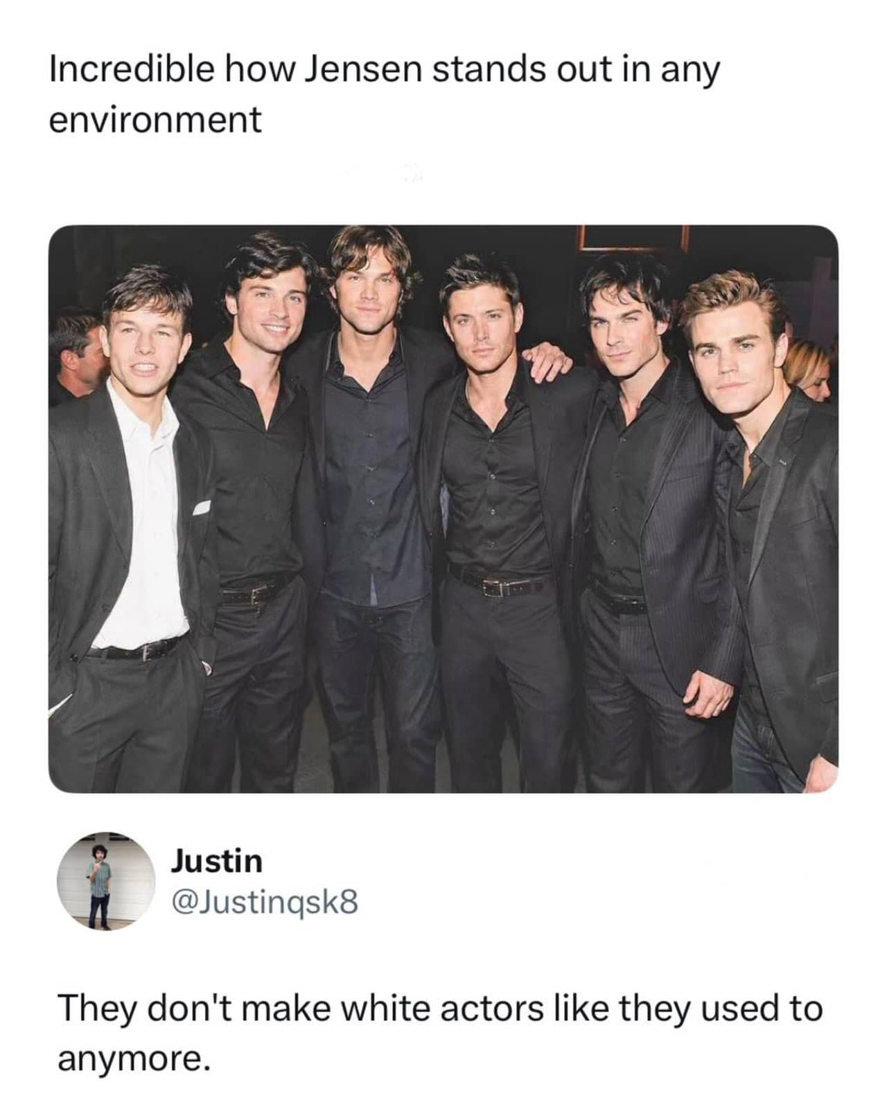Throwback photo of 2000s TV actors in black suits including Jensen Ackles and Ian Somerhalder, tweet-captioned about legendary CW heartthrobs in a meme dump.