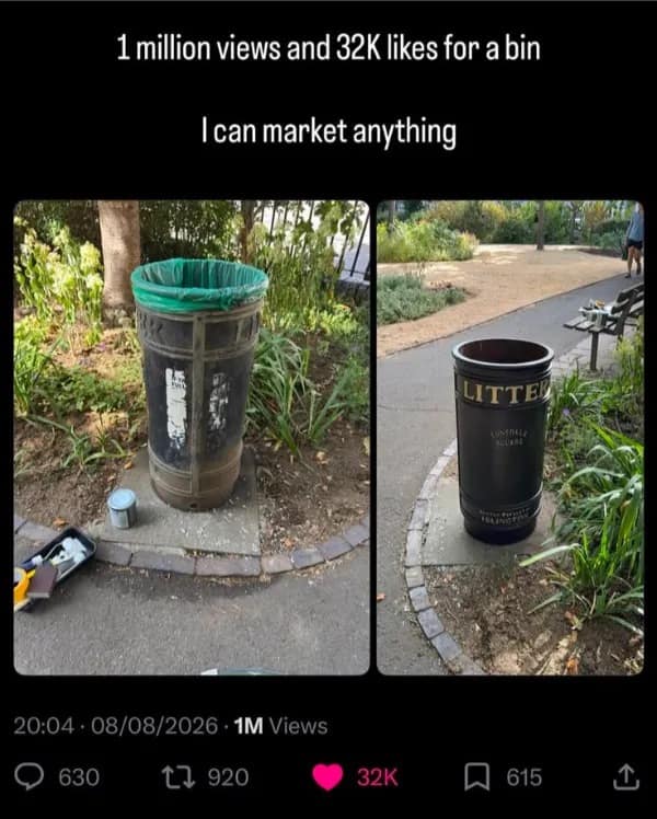 Social media screenshot showcasing a viral before-and-after restoration photo of a public park trash bin, featured in a meme dump.