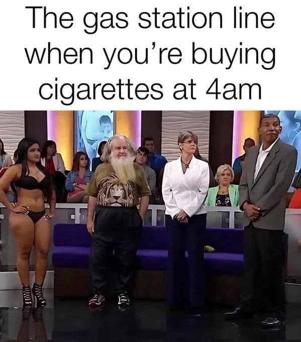 Uncensored talk show lineup featuring a woman in lingerie, a long-bearded man in a lion t-shirt, and a suit-wearing guest to illustrate a 4 AM gas station line in a meme dump.