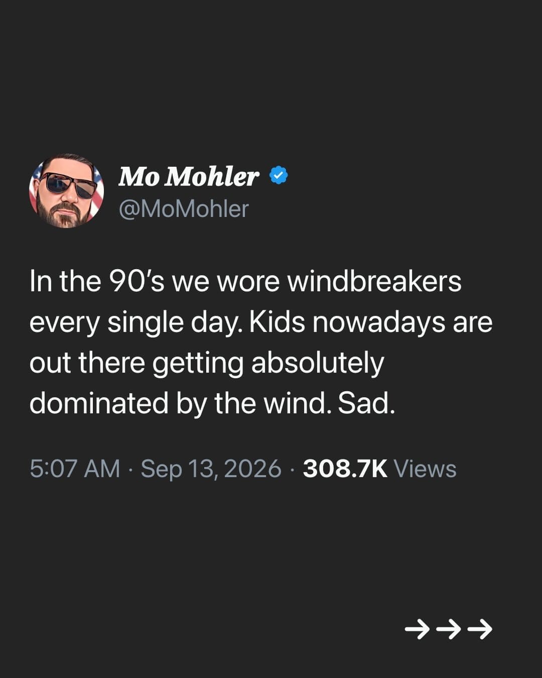 Tweet joking about 90s windbreaker jackets protecting past youth while modern kids get dominated by the wind in a meme dump.