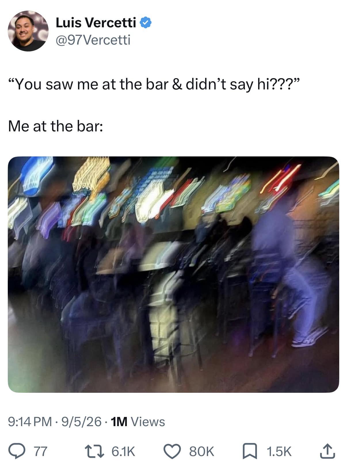 Blurry, high-speed motion photo of a nightclub bar representing severe intoxication in a meme dump.