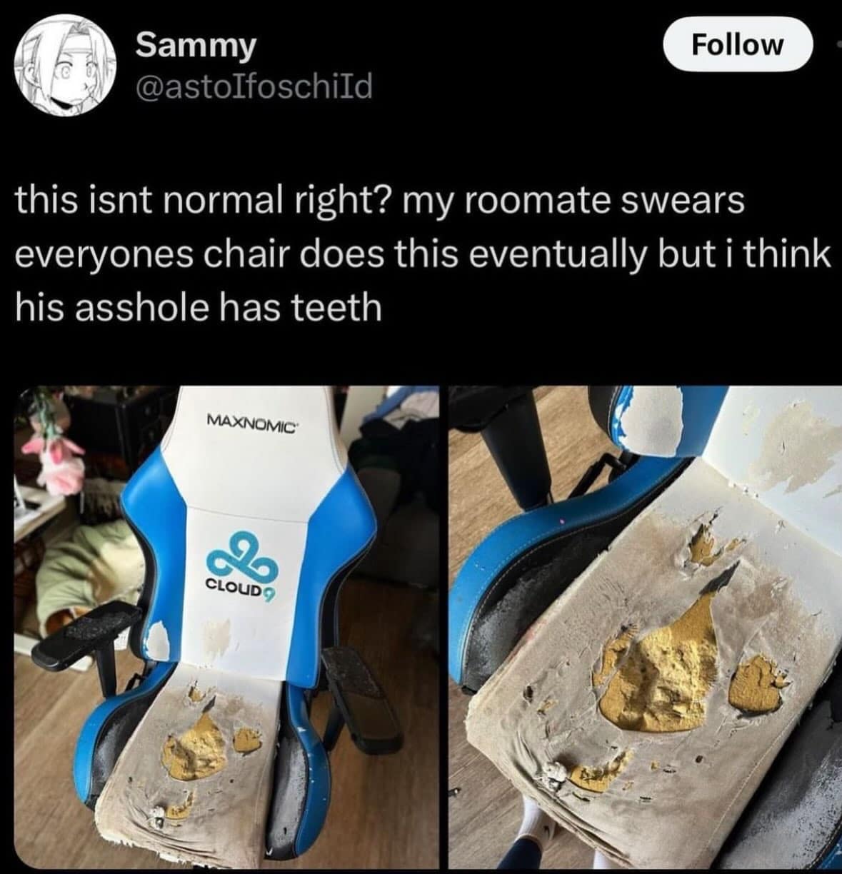 Tweet showing a completely shredded Cloud9 gaming chair seat with a joke asking if the roommate's chair wear is normal in a meme dump.
