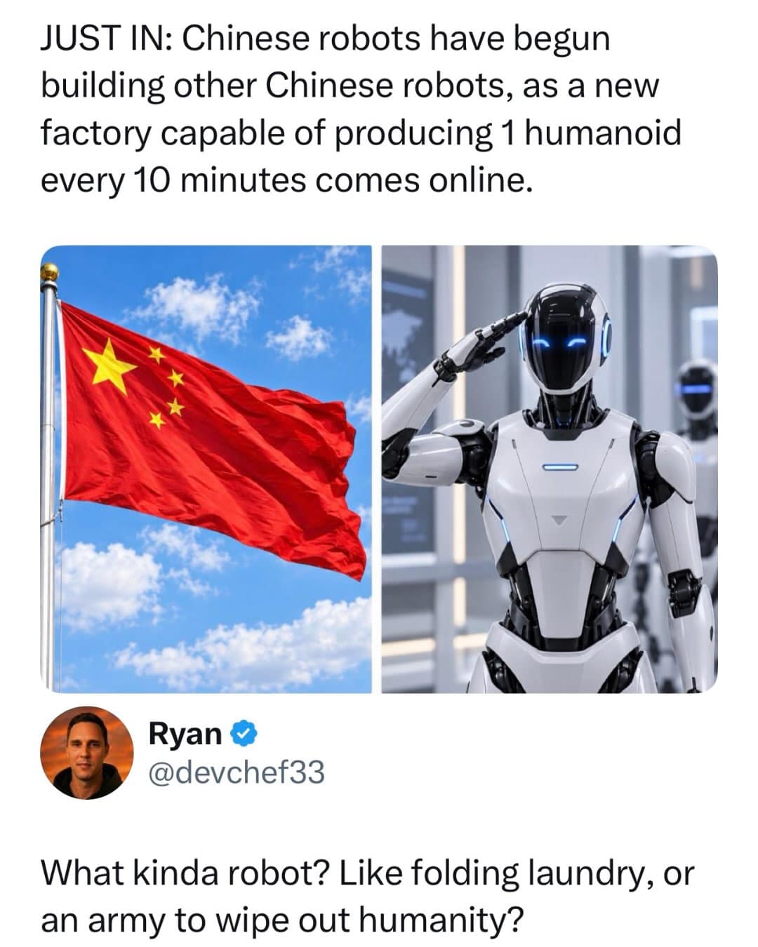 News report on automated humanoid robot manufacturing paired with a tweet asking if they fold laundry or destroy humanity in a funny memes post.